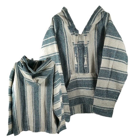 NWOT Varina Handmade Baja Hoodie (from Ecuador) in Teal & Ivory Vertical Stripe - Picture 1 of 7